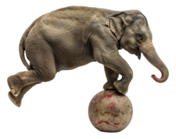 Athletic elephant performing acrobatics on a vintage ball, cut out - stock .. png