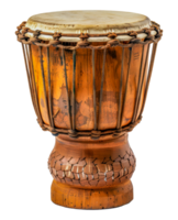 Traditional wooden djembe drum with detailed carvings, cut out - stock .. png