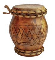 Traditional wooden djembe drum with detailed carvings, cut out - stock .. png