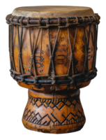 Traditional wooden djembe drum with detailed carvings, cut out - stock .. png