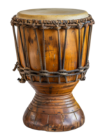 Traditional wooden djembe drum with detailed carvings, cut out - stock .. png