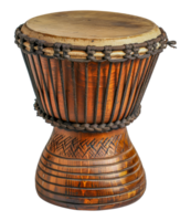 Traditional wooden djembe drum with detailed carvings, cut out - stock .. png