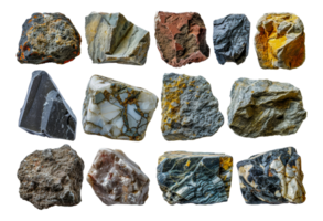 Varied collection of geological rock specimens, cut out - stock .. png