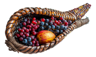 Horn of plenty overflowing with autumnal fruits, cut out - stock .. png