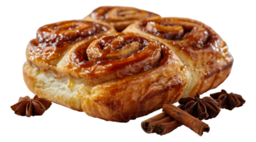 Cinnamon rolls with glaze and cinnamon spices, cut out - stock .. png