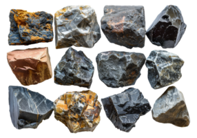 Varied collection of geological rock specimens, cut out - stock .. png