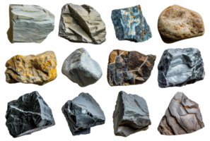 Varied collection of geological rock specimens, cut out - stock .. png
