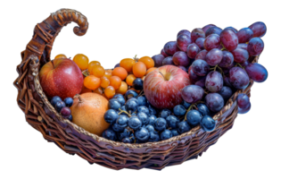Horn of plenty overflowing with autumnal fruits, cut out - stock .. png