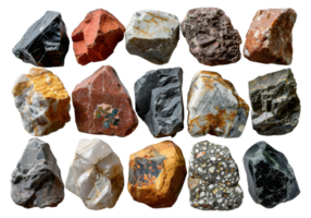 Varied collection of geological rock specimens, cut out - stock .. png