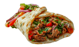 Delicious beef shawarma wrap with fresh vegetables, cut out - stock .. png