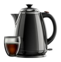 Elegant black tea kettle with cup, cut out - stock .. png