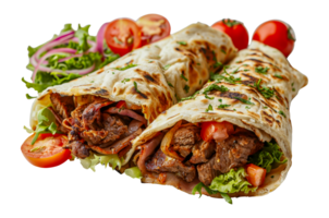 Delicious beef shawarma wrap with fresh vegetables, cut out - stock .. png