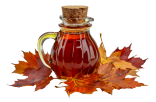 Autumn maple syrup in glass bottle with leaves, cut out - stock .. png