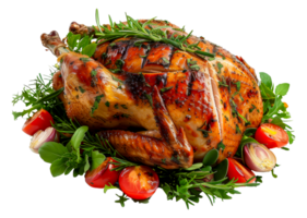 Roasted turkey on platter with garnish for Thanksgiving, cut out - stock .. png