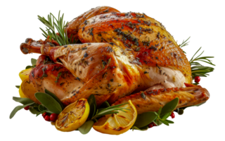 Roasted turkey with garnish for Thanksgiving, cut out - stock .. png