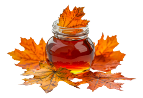 Autumn maple syrup in glass bottle with leaves, cut out - stock .. png