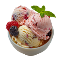 Berry ice cream in a bowl with fresh mint, cut out - stock .. png