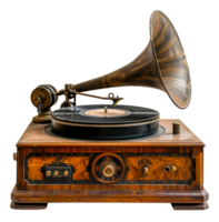 Antique gramophone with brass horn on a vintage wooden base, cut out - stock .. png