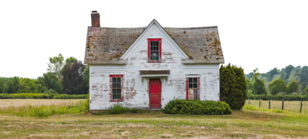 Abandoned white farmhouse with red trim in rural setting, cut out - stock .. png