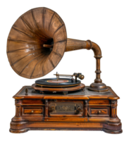 Antique gramophone with brass horn on a vintage wooden base, cut out - stock .. png