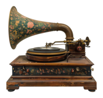 Antique gramophone with brass horn on a vintage wooden base, cut out - stock .. png