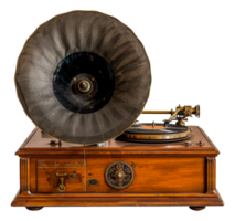 Antique gramophone with brass horn on a vintage wooden base, cut out - stock .. png