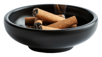 Black ceramic ashtray filled with cigarette butts, cut out - stock .. png