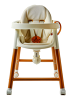 Modern orange and white baby high chair on wheels, cut out - stock .. png