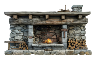 Rustic stone fireplace with wood storage, cut out - stock .. png