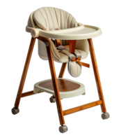 Modern orange and white baby high chair on wheels, cut out - stock .. png