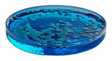 Blue bacterial growth in a petri dish for scientific study, cut out - stock . png