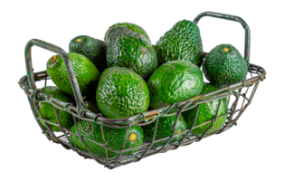 Fresh avocados in a wire metal basket, cut out - stock .. png