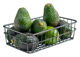 Fresh avocados in a wire metal basket, cut out - stock .. png