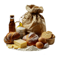 Assorted baking ingredients with flour, eggs, and spices, cut out - stock .. png