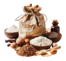 Assorted baking ingredients with flour, eggs, and spices, cut out - stock .. png