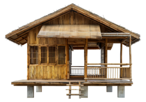 Rustic traditional bamboo house with thatched roof and wooden deck, cut out - stock . png