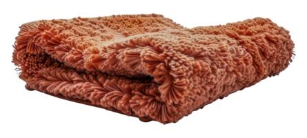 Rolled-up luxurious orange shag rug, cut out - stock .. png