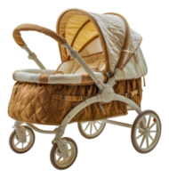 Antique wicker baby pram with lace detailing, cut out - stock . png