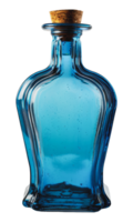 Tall blue glass bottle with cork, cut out - stock . png