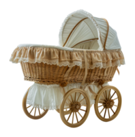 Antique wicker baby pram with lace detailing, cut out - stock . png