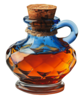 Artistic glass bottle with amber contents and cork stopper, cut out - stock .. png