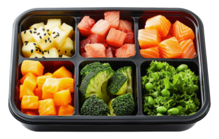 Healthy snack box with assorted fruits and vegetables, cut out - stock .. png