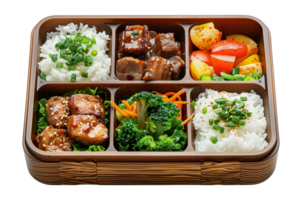 Asian-style bento box with beef, chicken, and fresh vegetables, cut out - stock .. png