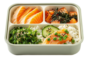 salmone Sushi e lati nel un' elegante bento scatola per un' salutare il pranzo, tagliare su - azione .. png