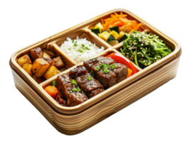 Delicious bento box with beef, rice, and assorted vegetables, cut out - stock .. png