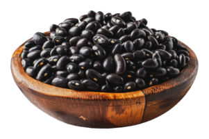 Organic black beans in a rustic wooden bowl, cut out - stock .. png