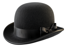 Classic black bowler hat with elegant bow ribbon, cut out - stock .. png
