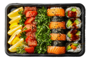 sortiert Sushi Teller im ein schwarz Mitnahme Container mit Zitrone und Wasabi, Schnitt aus - - Lager .. png