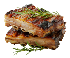 Delicious grilled pork belly slices garnished with herbs, cut out - stock .. png