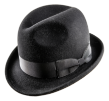 Classic black bowler hat with elegant bow ribbon, cut out - stock .. png